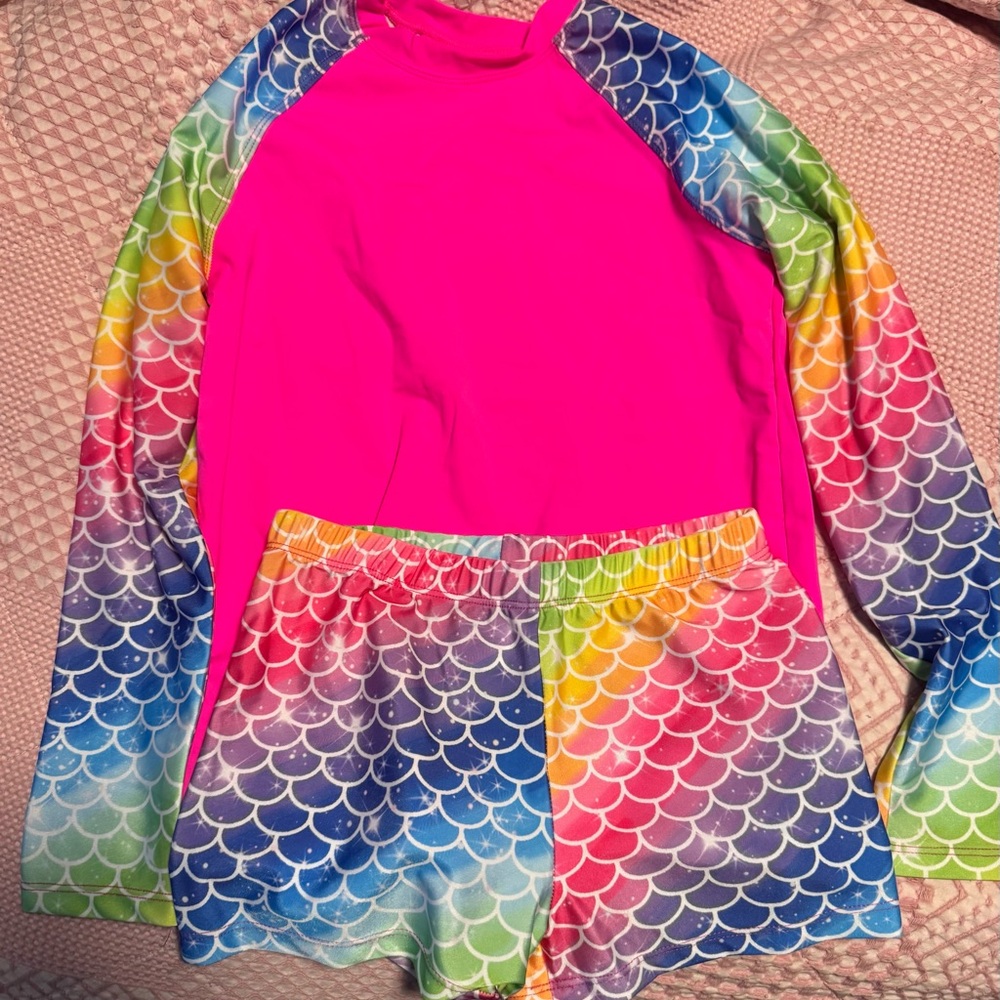 Girls Mermaid Swim Shorts and Rash Guard Set Size Small 5/6 NWT